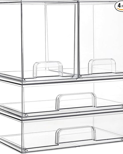 Vtopmart Clear Stackable Storage Drawers Set of 4, Plastic Organizer Bins for Makeup, Cosmetics, Beauty Supplies,Ideal for Vanity, Bathroom,Cabinet,Pantry Organization