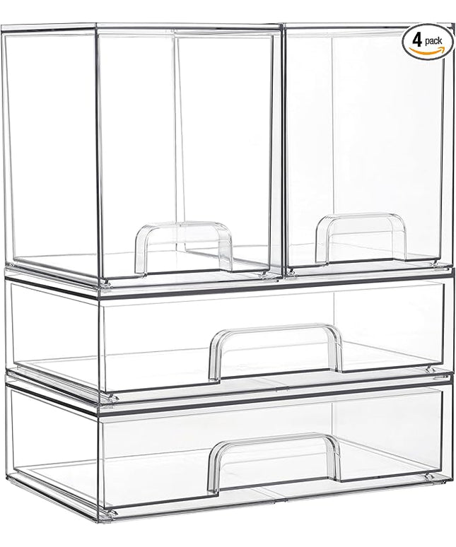Vtopmart Clear Stackable Storage Drawers Set of 4, Plastic Organizer Bins for Makeup, Cosmetics, Beauty Supplies,Ideal for Vanity, Bathroom,Cabinet,Pantry Organization