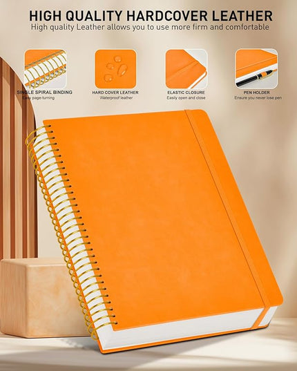 A4 Spiral Notebook Journal 8.5” x 11”, 256 Numbered Pages Hardcover Leather Journals for Women Men, Large Lined College Ruled Notebooks, 100GSM Thick Paper, Spiral Bound Journal for Work School Orange