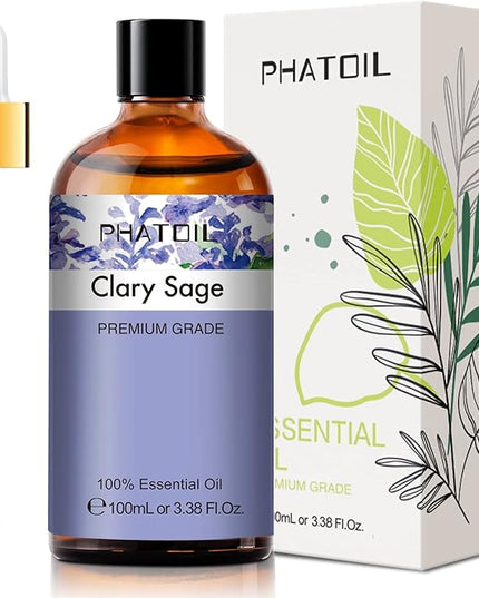 PHATOIL 3.38FL.OZ Clary Sage Essential Oil for Aromatherapy Diffusers with Glass Dropper, Humidifiers, Great for DIY Candle and Soap Making, Huge 100ML Bottle