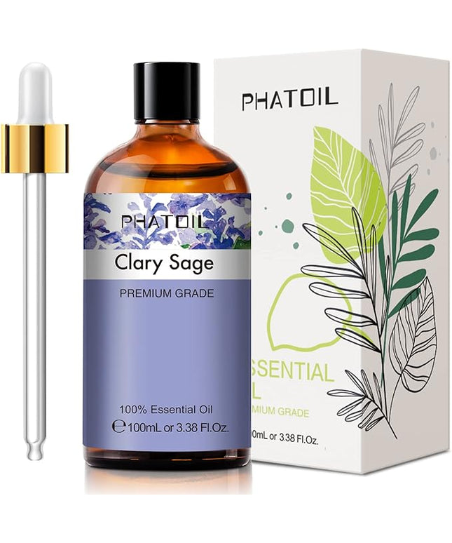 PHATOIL 3.38FL.OZ Clary Sage Essential Oil for Aromatherapy Diffusers with Glass Dropper, Humidifiers, Great for DIY Candle and Soap Making, Huge 100ML Bottle