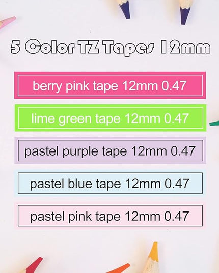 5P Compatible with Brother P Touch Label Tape TZe-MQP35 G35 F31 E31 MQ531 TZ Tape 12mm 0.47 Laminate(White Berry Pink/Lime Green,Pastel Pink/Purple/Blue) for Brother PTD210 PTD400 PTP300BT
