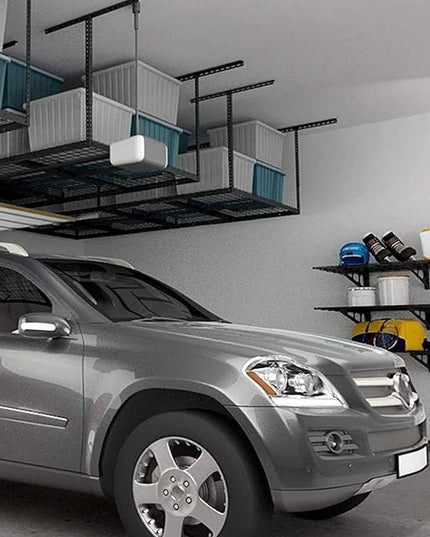 FLEXIMOUNTS 4x8 Overhead Garage Storage Rack, Adjustable Organization System, Heavy-Duty Metal Ceiling Racks, 2 Pack, Hammertone, Classic Series