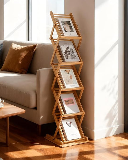 Foldable Bamboo Magazine Rack - Pop-up Display Stand, 5 Pockets Floor Magazine Holder/Rack, Show Rack for Trade Show Display Booth, A4 Size
