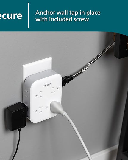Philips All-in-One Surge Tap, 4 Grounded & 4 Polarized Outlets, 1140 Joules, Adapter-Spaced Design, ETL Certified, White/Gray, SPP3993W/37