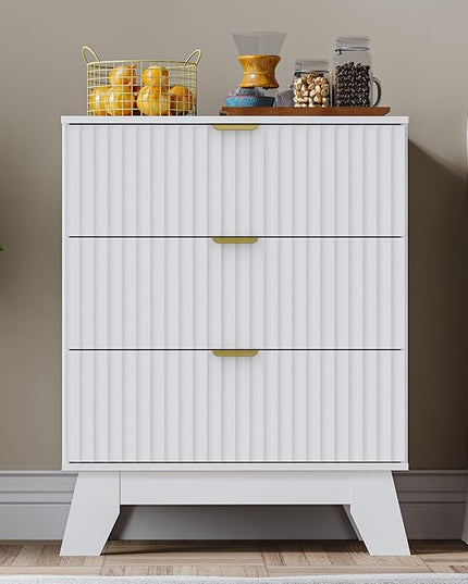 BORNOON Fluted 3 Drawer Dresser, 30.3" Tall Compact Modern Boho Chest of Drawers, Wooden Storage Cabinet for Bedroom, Living Room, Entryway, Curved Profile Design