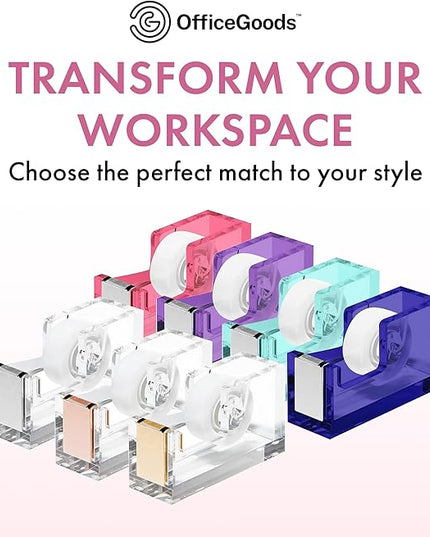 OfficeGoods Acrylic Tape Dispenser – Modern Desk Organizer for Office Supplies – Heavy Duty Refillable Tape Holder for Home and School Crafting – Stylish Desktop Accessory for Gift Wrapping, Pink