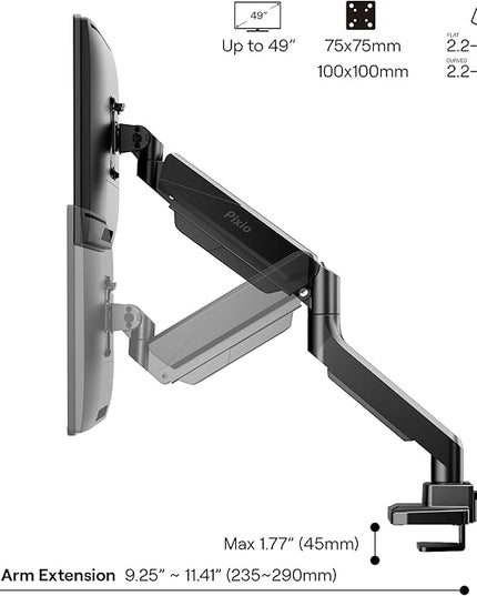 Pixio PS2S Ultrawide Heavy-Duty Premium Single Monitor Arm Stand Desk Mount - Fits up to 49 inches Monitors, Weights up to 39lbs Flat / 31lbs Curved, Compatible with VESA 75x75mm 100x100mm