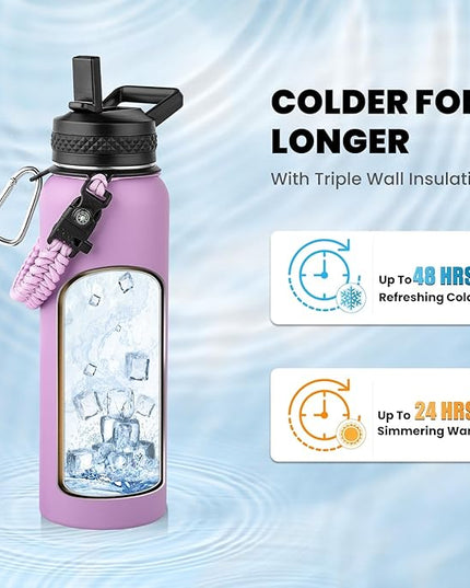 Insulated Water Bottle 40 oz, Triple Wall Vacuum Stainless Steel (Cold for 48 Hrs), Leak Proof & Non-BPA, Modern Water Flask Jug with Paracord Handle & Straw Spout Lids, Lilac