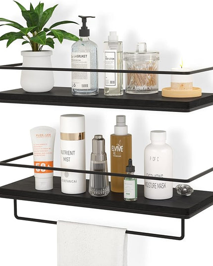 ZGO Floating Shelves for Wall Set of 2, Wall Mounted Storage Shelves with Black Metal Frame and Towel Rack for Bathroom, Bedroom, Living Room, Kitchen, Office (Black)