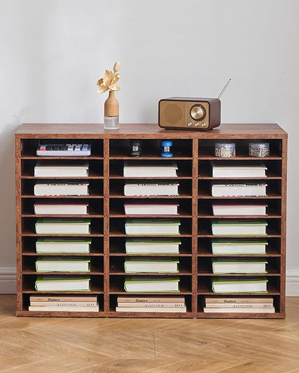 VEVOR Literature Organizer, 27 Compartments Office Mailbox with Removable Shelves, Wood Mailbox Sorter Particle Board Office Home Classroom Storage, File Sorter for File, Document, Paper, Dark Brown