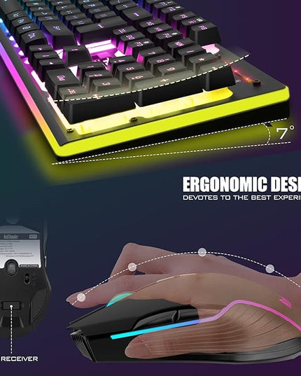 RedThunder K10 Wireless Gaming Keyboard and Mouse Combo, LED Backlit Rechargeable 3800mAh Battery, Mechanical Feel Anti-ghosting Keyboard + 7D 3200DPI Mice for PC Gamer (Black)