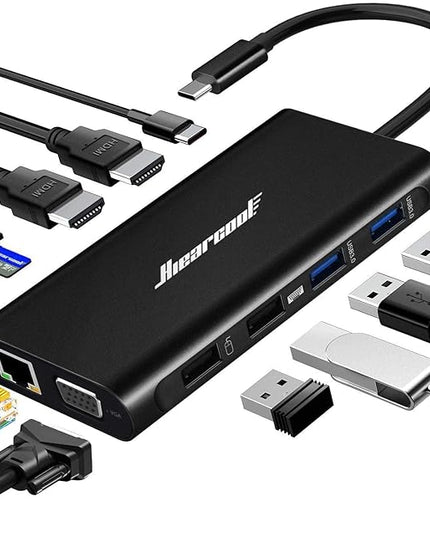 Hiearcool USB C Laptop Docking Station, 11-in-1 Type C Hub Multiport Adapter Dongle, USB C Dock with Dual HDMI VGA 100W PD Charging Gigabit Ethernet for Dell HP Lenovo Windows Laptops