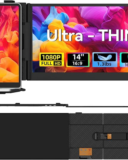 Laptop Screen Extender, 1.3lb Ultra Lightweight 14" 1080P FHD Portable Monitor for Laptop, Plug & Play Dual Travel Screen Monitor, Laptops Dual Monitors Attachment, Fits Windows/Mac/Android/Chrome
