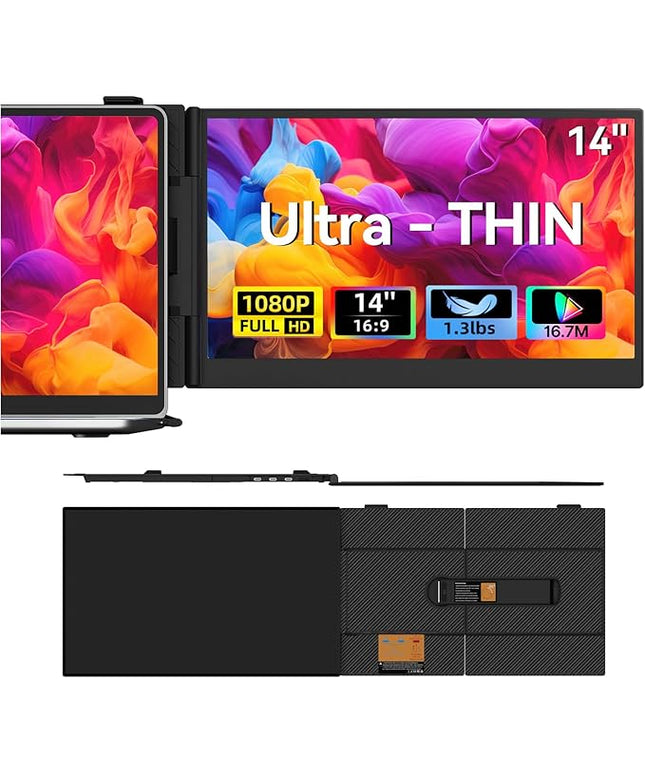 Laptop Screen Extender, 1.3lb Ultra Lightweight 14" 1080P FHD Portable Monitor for Laptop, Plug & Play Dual Travel Screen Monitor, Laptops Dual Monitors Attachment, Fits Windows/Mac/Android/Chrome