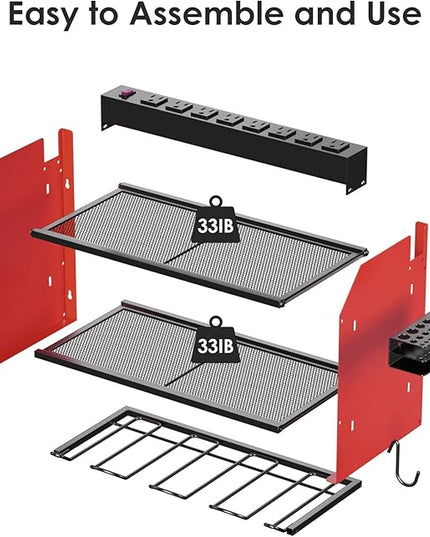 CCCEI Modular Power Tool Organizer Wall Mount with Charging Station. Garage Drill Storage Shelf with Hooks, Heavy Duty Rack, Tool Battery Holder Built in 8 Outlet. Gift for Men. Red, 2 Pack.