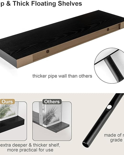 Heimlove 12 Inch Deep Floating Shelves, 55 x 12 inch Extra Long Floating Shelves for Wall, Large Display Shelf & Storage Shelf for Living Room Bedroom Kitchen Home Office, Set of 1, Black