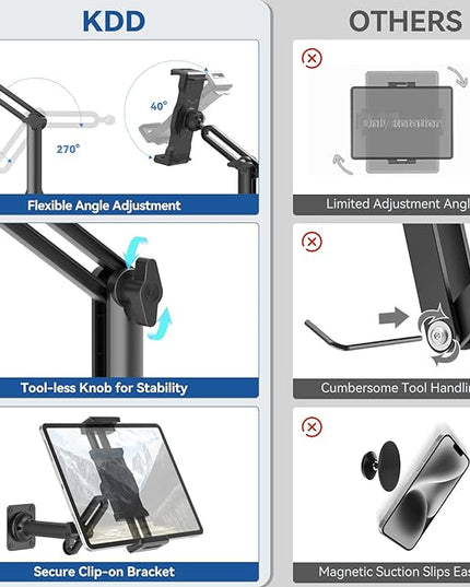 KDD Tablet Wall Mount Holder, Adjustable Extendable Arm iPad Wall Stand with Sturdy Metal Base, 360°Rotating Phone Tablet Bracket Fits iPad Pro Air Mini, Galaxy Tab, All 4.7-13" Phones and Tablets
