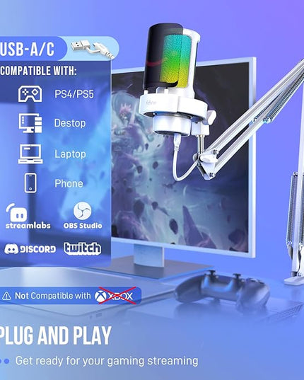 FIFINE Gaming PC USB Microphone Kit, Condenser RGB Mic with Metal Boom Arm, Mute, Gain Knob, Headphones Monitoring, Streaming Microphone Bundle for PS4/PS5, YouTube, Discord, Twitch-A8T White