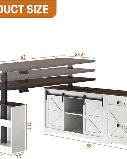 63" Farmhouse Electric Standing Desk Adjustable Height Sit Stand Corner Stand Desks, L Shaped Standing Computer Desk with Power Outlets & Storage Drawers & Sliding Door for Home Office, White