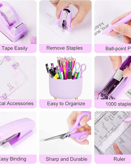 Desk Organizers and Accessories Set with 360-Degree Rotating Pen Holder, Tape Dispenser, Stapler, Staple Remover, 1000 Staples, Tape, Clips Set, Ruler, Scissor, Pen