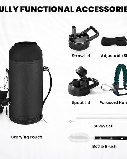Insulated Water Bottle 40 oz, Triple Wall Vacuum Stainless Steel (Cold for 48 Hrs), Leak Proof & Non-BPA, Modern Water Flask Jug with Paracord Handle & Straw Spout Lids, Dark Green