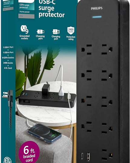 Philips 9-Outlet Surge Protector with USB Charging, 6ft Braided Extension Cord, 1USB-A, 1USB-C, 2400J, Adapter Spaced, Black - SPP3983B/37