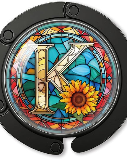 YAZMEEN Stained Glass Initial Foldable Purse Hook for Table, Stained Glass Letter K, Women's Handbag Hanger Holder, Portable Purse Table Hanger, Funny Desk Hook Gifts for Mom Wife Sister Friend BFF