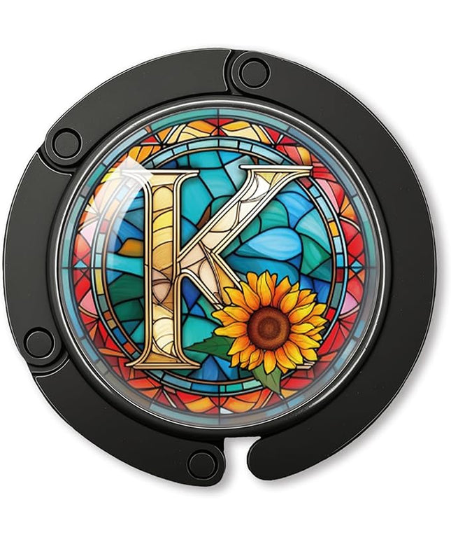 YAZMEEN Stained Glass Initial Foldable Purse Hook for Table, Stained Glass Letter K, Women's Handbag Hanger Holder, Portable Purse Table Hanger, Funny Desk Hook Gifts for Mom Wife Sister Friend BFF