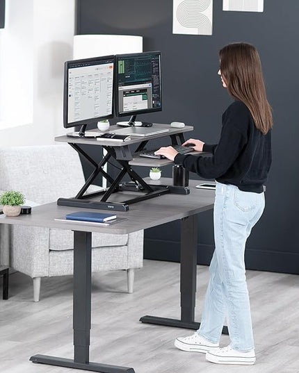VIVO 36 inch Desk Converter, K Series, Height Adjustable Sit to Stand Riser, Dual Monitor and Laptop Workstation with Wide Keyboard Tray, Gray Top, Black Frame, DESK-V036KG