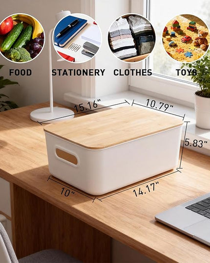 Citylife 2 PCS Storage Bins with Bamboo Lids Plastic Storage Containers for Organizing Stackable Storage Box with Handle, 15.12 x 10.67 x 5.98 inch
