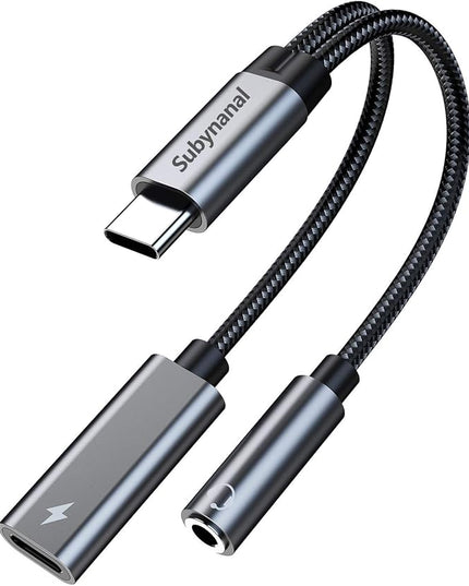 USB c to 3.5mm Headphone and Charger Adapter,2 in-1 USB C PD 3.0 Charging Port to Aux Audio Jack and Fast Charging Dongle Cable Cord (2 Ports-Gray)