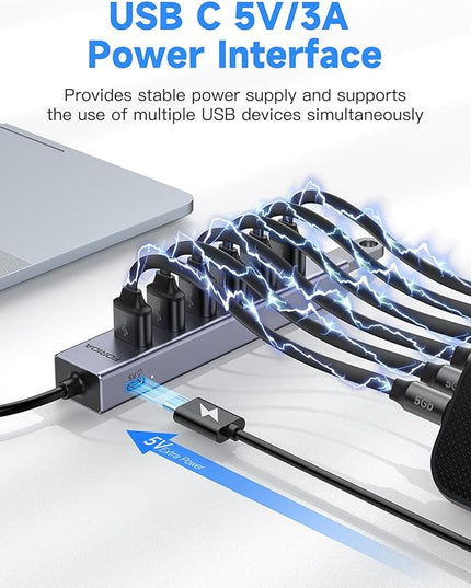 FORIDA USB C Hub-8 Port USB HUB with 7 USB3.0 Data Ports,Aluminum Alloy USBC Splitter with Type C 5V/3A Power Port Compatible with MacBook, iPad, Surface Pro, XPS, Laptop,PC (Gray,USB C-9.8in)