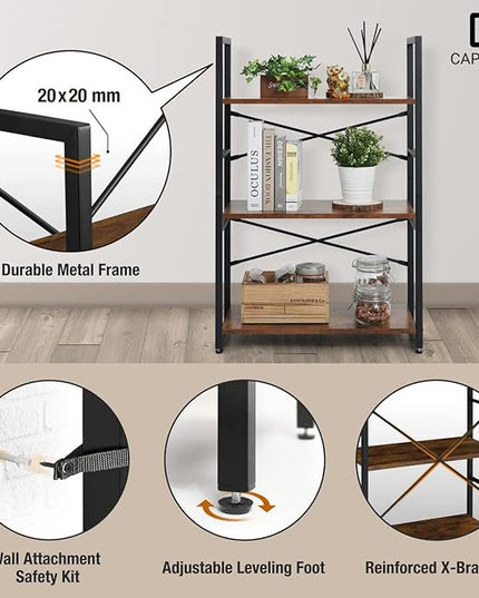 CAPHAUS 3 Tier Small Bookshelf, 24 Inch Width Free Standing Shelf, Bookcase Shelf Storage Organizer, Industrial Book Shelves for Home Office, Living Room, Rustic Oak Vintage Shelves & Metal Frame