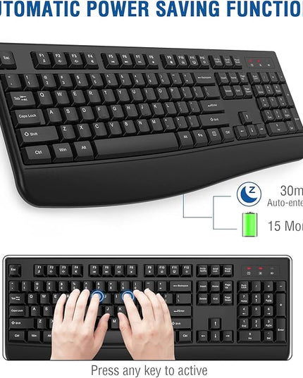 EDJO Wireless Keyboard, 2.4G Ergonomic Full Size Wireless Computer Keyboard with Wrist Rest for Windows, Mac OS Desktop/Laptop/PC（Black）