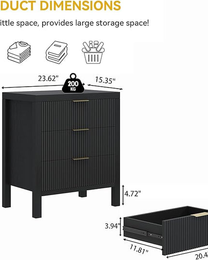 LSKTGA 3 Drawer Dresser, Chest of Drawers Organizer with Waveform Panel, Large Fluted Dresser with Wide Drawers and Golden Handles, Wood Storage for Bedroom, Hallway, Entryway, Black
