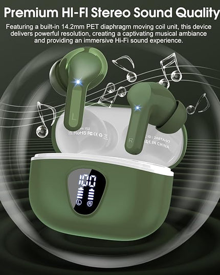 Wireless Earbuds, Bluetooth 5.4 Headphones HiFi Stereo, Bluetooth Earbuds with ENC Noise Cancelling Mic, IP7 Waterproof in Ear Earphones, 48H, LED Display Ear buds for Pad Workout Sports, Retro Green