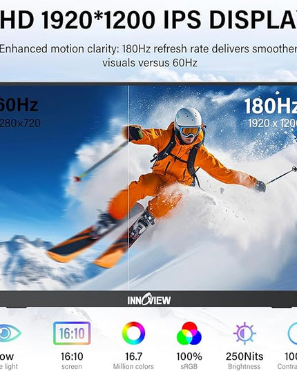 InnoView 16-inch 180Hz Portable Monitor FHD1920×1200 100% sRGB Laptop Screen Extender | 2 x Type-C & HDMI 16:10 Portable Monitor Compatible with 144hz/Macbook/Switch/PS5/Xbox
