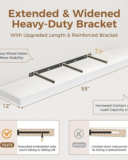 Fun Memories White Floating Shelves 55 Inch Long, 12 Inch Deep Floating Shelves for Wall, 55 x 12 Large Wall Shelf for Fireplace Mantel, 2 Inch Thick Storage Shelves for Living Room, Bedroom, 1 Pack