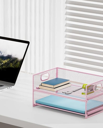 Marbrasse 2 Tier Paper Organizer Letter Tray, Mesh File Organizer with Handle, Paper Sorter Desk Organizer for Home Office Supplies - 2P Pink