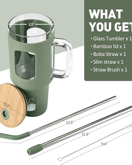 Glass Tumbler with Straw and Lid, 40 oz glass cup with handle, Glass Water Bottles with Time Marker, Silicone Protective Sleeve-Olive