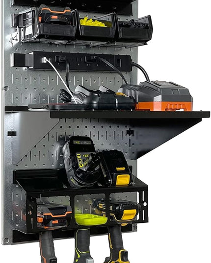Wall Control Power Tool Storage Organizer Kit Cordless Drill Holder Charging Station Rack 16” x 32” Metal Pegboard Organization System (Metallic Pegboard)