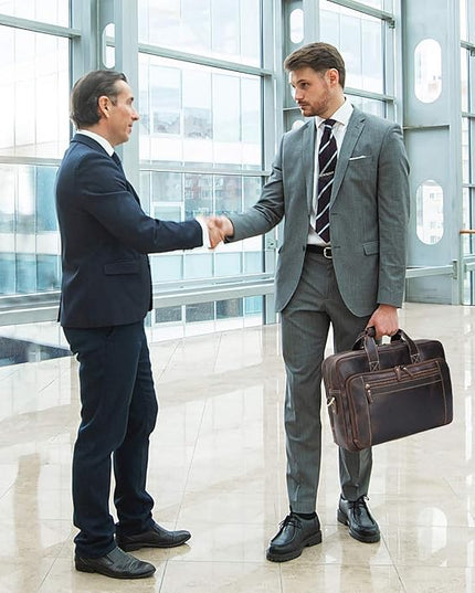 compalo Men's Solid Thick Full Grain Leather 17.3" Laptop Briefcase Classic Messenger Bag Fit Business Travel | Solid, Thick, Full Grain Leather, 17.3", Classic, Fit, Business Travel