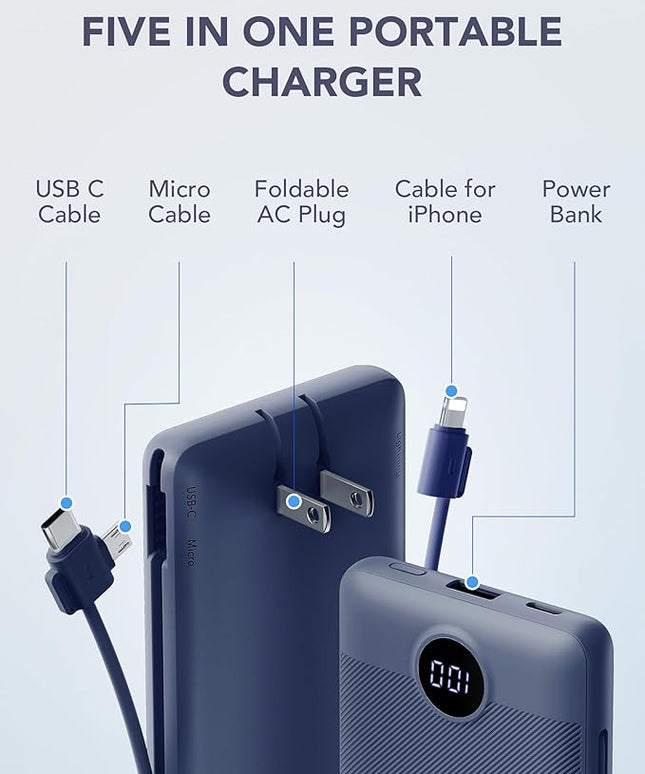 VRURC Portable Charger Built-in Cables and AC Wall Plug, USB C Power Bank 10000mAh, Travel Battery Portable Phone Charger Compact Lightweight External Battery Pack for Smart Phones, Tablets etc-Navy