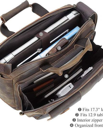 TIDING Full Grain Leather Briefcase For Men 17 Inch Laptop Case Business Travel Office Messenger Shoulder Bag