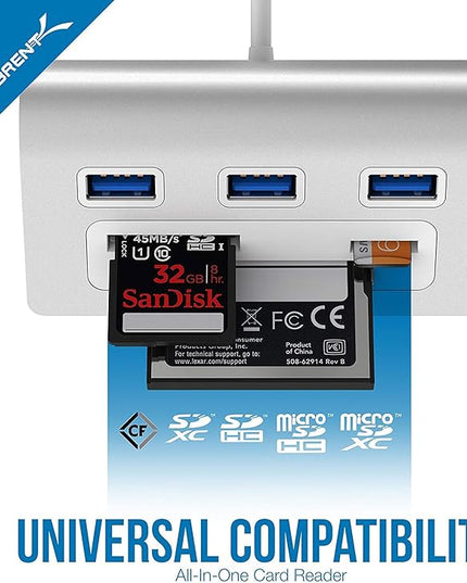 SABRENT Premium 3 Port Aluminum USB 3.0 Hub with Multi in 1 Card Reader (12" Cable) for iMac, All MacBooks, Mac mini, or Any PC (HB-MACR)