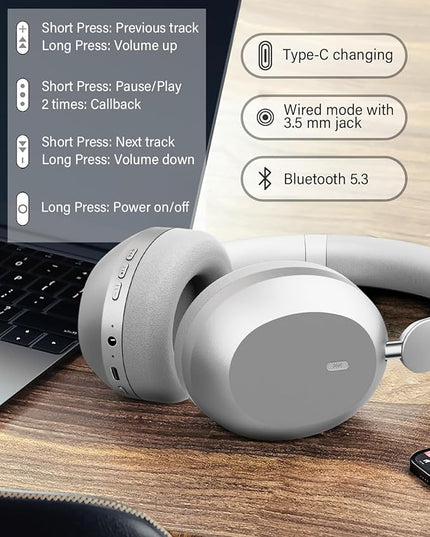 Wentronic Y05 Bluetooth Headphones Wireless Over Ear Noise Cancelling with Microphone 48 Hours Playtime, High Sound Quality Foldable Soft Earpads Headphones for Travel-Silver