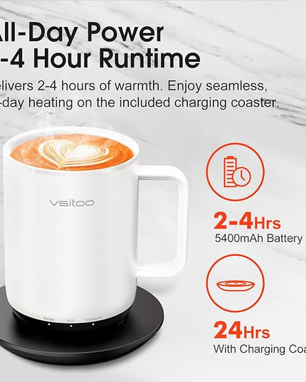 Vsitoo S3 Plus 14oz Heated Coffee Mug - Temperature Control Smart Mug with Mug Warmer, Auto-Sensing AI Heats Drinks to 120-150°F Hands-Free.Ideal for Home/Office/Gifts，White