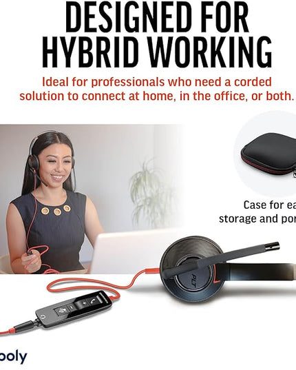 Poly Blackwire 5220 Wired Headset - Flexible Boom Mic - Noise Cancelling Headphones with Mic - USB-C, USB-A, 3.5mm - Ergonomic Over-Ear Design - Works with Microsoft Teams, Zoom - Work from Home