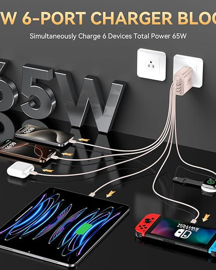 USB C Fast Charger Block, iPhone Charger Fast Charging Blocks 65W Multi Port Charger 6-Ports PD & QC Charging Cube Brick Power Adapter Type C Wall Chargers for iPhone 17/16/15/14/13/12 Pro Max, iPad